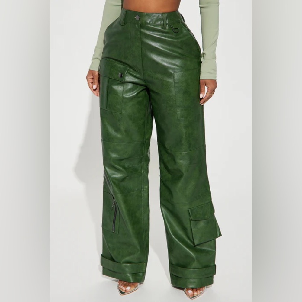 2x Green Faux Leather Cargo Pants